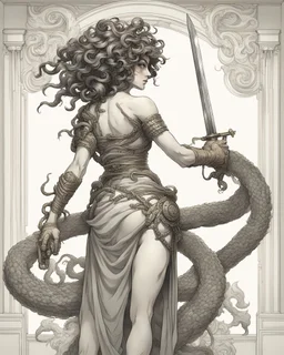 full-length, detailed persona, sword in hand, gorgon medusa, from the back, half-turn, leaning on one leg