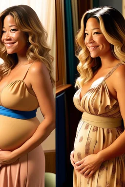 Gina Rodriguez mid-transformation, hair shifts to blonde curls, maternity dress adjusts, tightens around waist and hips, subtle pregnancy bump emerges, facial features refine, evolving into a radiant appearance. Maternity dress now conforms more gracefully, hinting at the emerging curves, waist, and pregnant silhouette. The changing room, softly illuminated, mystical symbols enhancing the ambiance, capturing the enchantment as Gina undergoes the magical journey at "The Mystic Emporium."