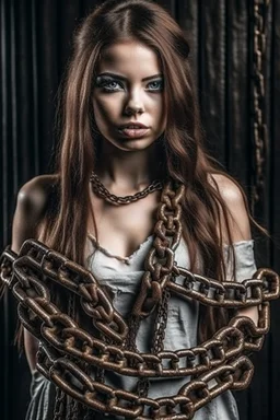 a beautiful chained woman in torn and dirty clothing shattering the iron chain