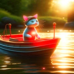 cute blessed chat robot sailing on a fishlike boat in the river,catching a big fish in a river stream, 8k, downlight, soft light, depth of field, photorealism, trending on art station, lotsa detail