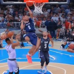 Jalen Brunson slam dunking a basketball on the surface of the moon with earth in the background