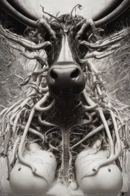 a very insane outrageous portrait of a cow in (H.R giger) style with lots of alien tenticles, being held at gun point in a (grungy toilet)::26, from new york subway, 8k