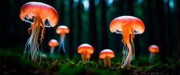 Giant bio luminous floating JellyFish Fungus, fungal, light floating in a forest, Treeline, Alberta, scientist, Dystopian, Hyper detailed, Realistic, Extreme depth of field, bokeh blur, Alberta all-natural, National Geographic, in the style of candid, imperfection, natural lighting, cinematic, Fuji Film, Anamorphic lens, 2040s, --ar 4:5 --w 150 --style raw