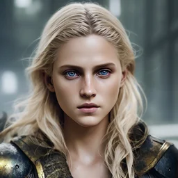 Photorealistic close-up of a beautiful blonde warrior with dystopian clothes and background