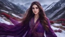 Hyper Realistic close-up-view of a Gorgeous-Happy-Young-Pashto-Women-with-beautiful-eyes & her-long-hair-whirling wearing purple-dress & black-shawl-with-maroon-embroidery on mountains-with-flower-garden at heavy-snowfall night withy dramatic & cinematic ambiance