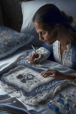 Hand sewn and embroidered Alicia Vikander, threads, sewing needles on a table on lace blanket in a luxury bedroom