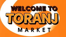 A design with the words (WELCOM TO TORANJ PLUS MARKET) in the middle of the image in a raised, three-dimensional manner with black shadows around the words on a saccodolic orange, red, and white background.