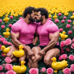 2 big hairy muscular men in velvet Prada shirts are kissing each other and sitting in a field of pink roses next to yellow plastic ducks and gift boxes next to them