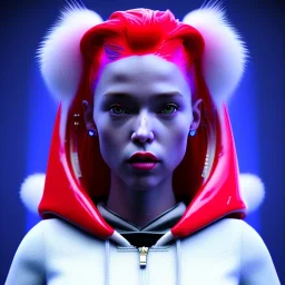 British woman, rounded face, bubble gum, x, blonde, red, blue, white, hoodie, feathers, retro, latex, leather, soft color, highly detailed, art stations, concept art, smooth, unreal engine 5, god rays, ray tracing, RTX, lumen lighting, ultra detail, volumetric lighting, 3d, finely drawn, high definition, high resolution, neon background.