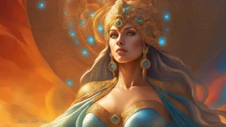 The stunning beautiful goddess of light. concept art, mid shot, intricately detailed, color depth, dramatic, 2/3 face angle, side light, colorful background. Painted by Julie Bell