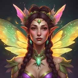 portrait of a daggerheart faerie character. she is female, with a beautiful face and has colorful, firefly wings. she is an elemental sorcerer.