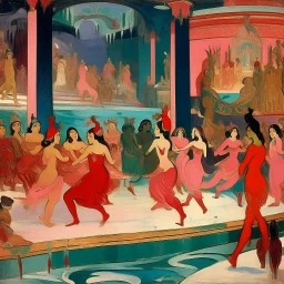 A fuchsia and scarlet ice skating gala designed in ancient Egyptian pottery painted by Paul Gauguin