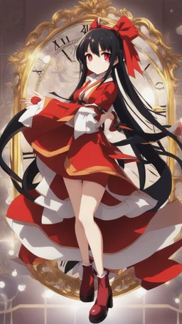 Tokisaki Kurumi appears to be elegant and has very polite manners, ivory skin and long, evil smile, crazy smile, black hair usually tied in long twin tails, deferent Eyes colors, right eye is red-tinted color, left eye appears as a golden color, inorganic clock face, a girl with astonishing beauty, wearing her astral black and red dress 'Elohim', left golden eye, intricate details, highly detailed, date a live anime art style