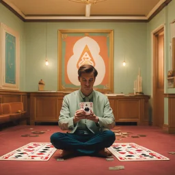 In a Wes Anderson-esque room, a young man meditates, looking at a single playing card at eye level, imagining which card it is. The scene is magical, capturing his mind-reading and card-gazing powers. The card is face down.