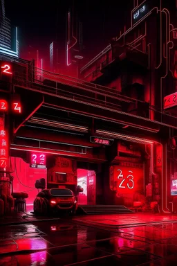 pos-apocalyptic cyberpunk city, a plubicity showing the number "2222", illuminated red neon, dark, high contrast