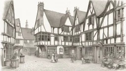 A Paved Courtyard, With Tudor Gothic Houses, Tall Chimneys, Crooked Roofs, a small stream, People, Shops,