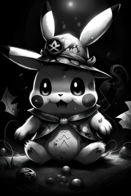 black and white pikachu in creepy hallowen style