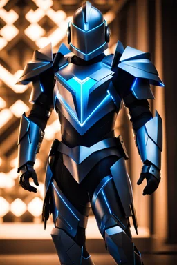 neon blue, floating parts of armor in form triangle of light orbiting behind the back, cyber armor, geometric patterns on armor, male, orbiting triangle