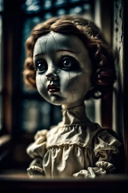 ooking at the camera a high realistic porcelain doll, old, dirty with old dress, sitting on shelf, in background blur cracked window. The figure has cracked face and head, and big black eyes. High contrast, cinematic, thriller, dark, atmospheric. Surreal style , perfect composition, sharp focus, intricate details, crepy stunning