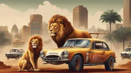 "I'm envisioning a sensational poster for '<Achayo> Vintage Rally Racing: Car vs. Lion Showdown.' The backdrop should showcase an Ethiopian cityscape, providing an urban setting for the vintage rally action. In the foreground, a stylish vintage rally car stands ready, its driver geared up for the ultimate showdown. Next to the car stands a majestic lion, symbolizing the power and strength of nature. Use earthy tones for the city background, vibrant colors for the rally car, and natural tones for