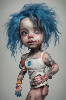 a deformed girl with an amputated arm and an amputated leg and three finger missing and a black eye and a blue eye and really funky hair