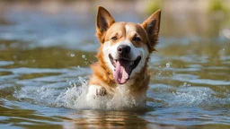 laughing dog in the water playing with flower