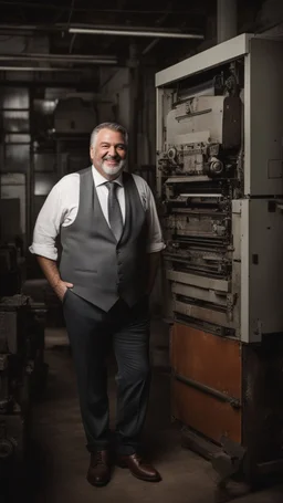 full figure shot photography of an italian smiling strong massive big chubby 50 year old man in smart gray suit, manly chest, unbuttoned shirt, short beard, shirtless, printer in an old printing house, next to a huge old printer, dim light, side light, ambient occlusion