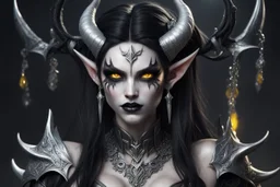 demon, female, big fangs, black hairs, elven ears, white skin, glowing eyes, black horns, yellows eyes, staff. warpoint, black lips, silver earrings, silver necklace, long ears, black makeup, ultra quality, ultra detailed, high details, highly detailed, hard-edge style