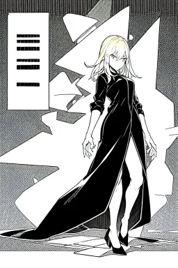 angry blonde girl, pose, full body, greyscale