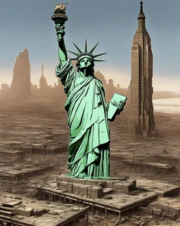 view of a futuristic the statue of liberty in a post atomic catastrophic way, with lots of buildings in ruins, but still with the intact
