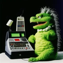 Godzilla as a baby muppet kawaii calling phone using a nokia, studio photo. Magazine 1980