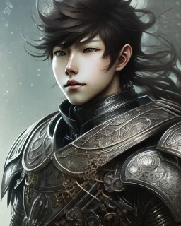 Detailed anime boy, dark brown hair, dragon scale armour, intricate details, full body portrait, keep head in frame, slight smile, black Japanese motif, concept art, highly detailed, digital painting, concept art, sharp focus, illustration, art by Yoji Shinkawa, WLOP and greg rutkowski and alphonse mucha and artgerm and yanjun Chen and Junji ito and Makoto Shinkai, HDR, octane render