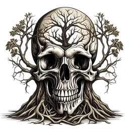 human skull drawing, tree roots, dead tree, front view