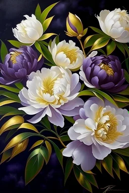 painting of white small Peonies flowers with gold flowers in center of canvas dark purple background