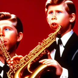 eyes closed REd-haired ron howard as richie from happy days Is playing the saxophone mouthpiece with his "eyes closed", rock band, looking at camera