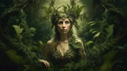 The image features a female figure surrounded by a lush natural environment. The woman seems to merge with the vegetation, as her body is partially covered by branches, leaves and vines that envelop her as if she were part of the environment. She wears a crown or adornment on her head that reinforces her connection with nature. The background shows dense vegetation with different shades of green and a possible wall of water or mist that adds a mystical atmosphere. The image evokes the idea of ​​