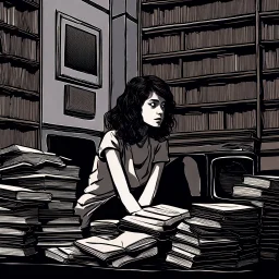 As the music begins, a young woman sits alone in a dimly lit room, surrounded by stacks of dusty books and papers. She looks lost in thought, her eyes fixed on a single spot on the wall as she listens intently to the low-quality recording on the tape player in front of her.