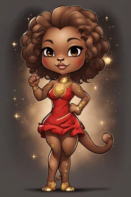 A fierce yet cute airbrushed cartoon black chibi Lioness cartoon girl standing proudly with her curvy body and head held high. Her brown skin has temporary golden Leo constellation tattoos. She raises her fist powerfully like a lion's paw, wearing a bold red dress representing her leadership qualities.