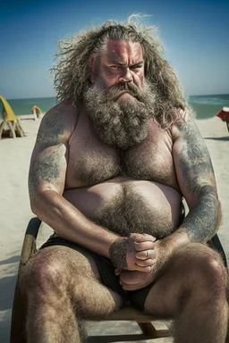 half-lenght Photography of turkish serious ugly dirty stocky muscular chubby 51 years old in swimwear, long beard, curly hair, tattoo, relaxed sitting on an a beach chair at the beach, crossed arms, open big manly legs, manly chest, photorealistic, angry eyes, sunshine, ambient occlusion, misery and poverty, desperation, redneck, highly detailed, frontal ground view , trending on artstation, sharp focus, studio photo, intricate details, highly detailed, by greg rutkowski