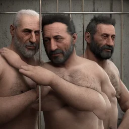 realistic, two italian prisoners 44 years old kissing in prison behind bars, dirty, ugly, bullneck, muscular chubby, in tank top, long hairs, manly chest, misery and poverty, emotive eyes, photo 50mm lens, side view, photorealistic, ultradetailed