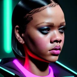 young rihanna, blade runner style, middle short hair, rain, fog, neon ambient, gradient color, clean skin, circuits, latex coat, cyber punk, neon, tubes, portrait, studio photo, unreal engine 5, smooth color, 16 bit, god lights, ray tracing, RTX, lumen lighting, ultra deatail, volumetric lighting, 3d, finely drawn, hd.