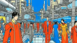 An illustration by Kuniyoshi and and Picasso of a tech people walking inside a futuristic matrix world.