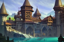 medieval buildings with balconies overhanging lake edge with blue sky and people, photorealism, fantastical, intricate detail, splash screen, concept art