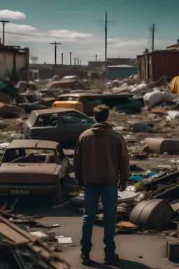 Picture of a man standing 17 feet away from the camera standing in front of a junk yard looking back at the camera