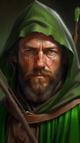A medieval hunter, green hood and cloak, bow and arrow, kind eyes, rugged beard, realistic, medieval, painterly, Bob Ross painting, portrait