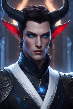 Tiefling,male, (((Darkblue horns)),Noble clothes,high collar,(glowing blue eyes),realism,<lora:style_add_detail:1>,white shirt,black jacket,intricate detail,Ice magic,Feminine hands,Beautiful hands,folded hands,delicate ears, red skin, unreal engine 6, high detail, intricate, cinematic.