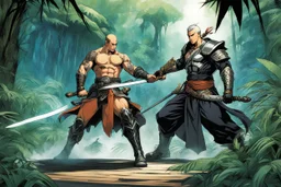 (in the style of Orion, by Masamune Shirow) DUEL: a tattooed gangsta monk with his staff fights against a paladin knight with his two handed sword zweihander in the jungle