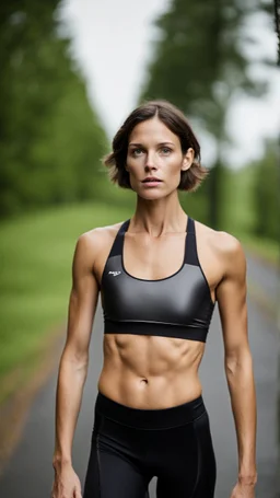 photography of a beautiful anorexic woman, anthracite satin triathlon top, sports illustrated, brunette short wavy bob haircut, pronounced sternum, flat chest, anthracite short leggins