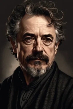 portrait of a man in his fifties, dark goatee, salt and pepper hair, charming, similar to Robert Downey Junior, Caravaggio style