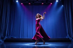 modern stage with gray-blue theme artistic decoration , color full dynamic lighting, a beautiful lady in modern maxy dark purple red dress with shining silver jwells dancing, 3D recursive fractal structure animating background